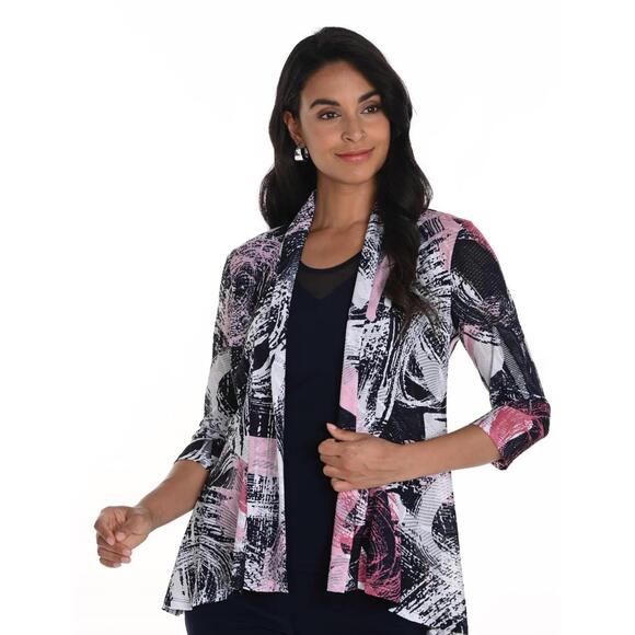 NEW FRANK LYMAN throw-over abstract floral cardigan in navy/pink